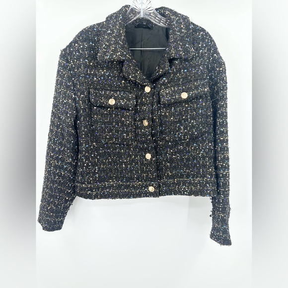 Marled Jackets & Blazers - Marled Black Tweed Cropped Jacket Gold Button Boucle Blazer Size Large